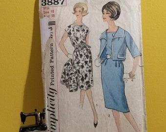 Vintage sewing pattern: Simplicity 3887 from 1961, size 18UK, for a fitted dress and three-quarter sleeve jacket