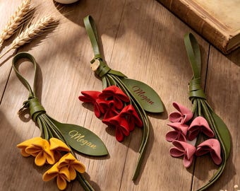 Handmade osmanthus-patterned leather bag charm, wallet accessory, backpack decoration, a unique gift for mothers, bridesmaids, and friends.