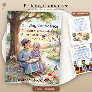 Peut inclure: Un cahier d'exercices imprimable intitulé Building Confidence: An Islamic Problem-Solving Workbook for Kids Ages 5-10 par Sukoon Studio Kids. La couverture illustre deux enfants assis sous un arbre près d'un ruisseau, avec des papillons et des fleurs.