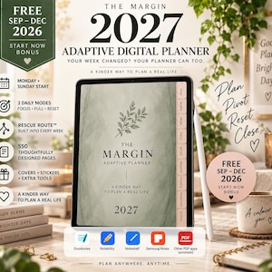 Digital planerare för Goodnotes 2027, hyperlänkad daglig veckoplanerare, inkluderar bonus för september-december 2026