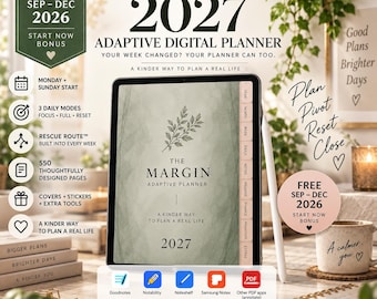 May include: A digital tablet displaying The Margin 2027 Adaptive Digital Planner with a sage green textured cover, a botanical illustration, and tabbed navigation. The screen features text including 550 pages, daily modes, and a rescue route feature.