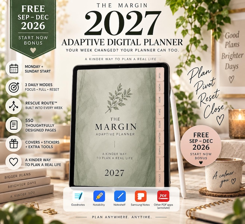2027 adaptive digital planner displayed on a tablet in a warm neutral workspace, featuring hyperlinked planner tabs and a free September–December 2026 Start Now bonus. Includes Monday and Sunday start options.
