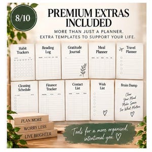 Premium digital planner extras including habit trackers, reading log, gratitude journal, meal planner, travel planner, finance tracker, cleaning schedule, contact list, wish list and brain dump pages.