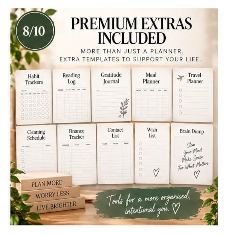 Premium digital planner extras including habit trackers, reading log, gratitude journal, meal planner, travel planner, finance tracker, cleaning schedule, contact list, wish list and brain dump pages.