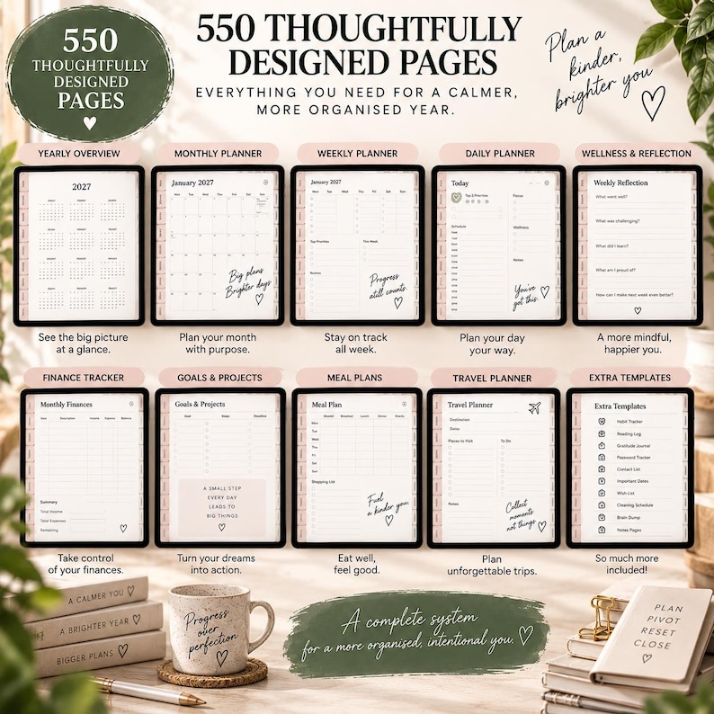Collection of 2027 digital planner pages showing yearly, monthly, weekly and daily planning, plus finance, goals, meal planning, travel, wellness and extra templates.