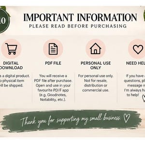 Important digital download information explaining that the planner is a PDF digital product, no physical item is shipped, files are for personal use and a compatible PDF annotation app is required.