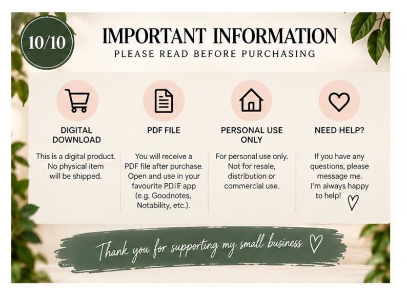 Important digital download information explaining that the planner is a PDF digital product, no physical item is shipped, files are for personal use and a compatible PDF annotation app is required.