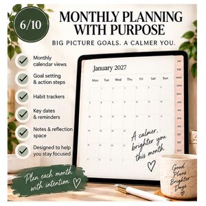Monthly planning page for January 2027 with calendar layout, priorities, habits, important dates, notes and reflection areas in a calm neutral digital planner design.