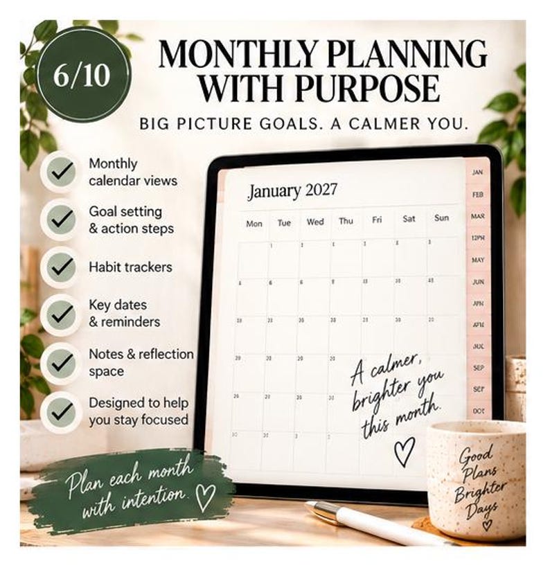 Monthly planning page for January 2027 with calendar layout, priorities, habits, important dates, notes and reflection areas in a calm neutral digital planner design.