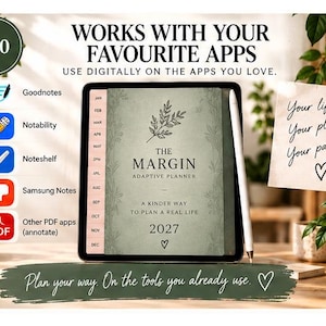 2027 digital planner displayed on a tablet with compatibility shown for Goodnotes, Notability, Noteshelf, Samsung Notes and other apps that support imported PDF files.