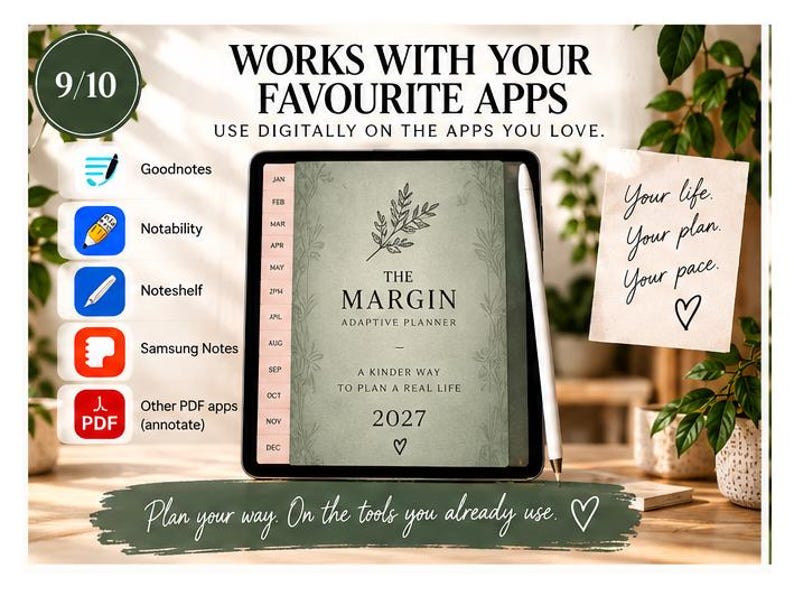 2027 digital planner displayed on a tablet with compatibility shown for Goodnotes, Notability, Noteshelf, Samsung Notes and other apps that support imported PDF files.