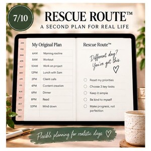 Rescue Route planning page showing a second-plan system for changing weeks, with Protect, Move and Reset steps designed to simplify priorities and reduce overwhelm.