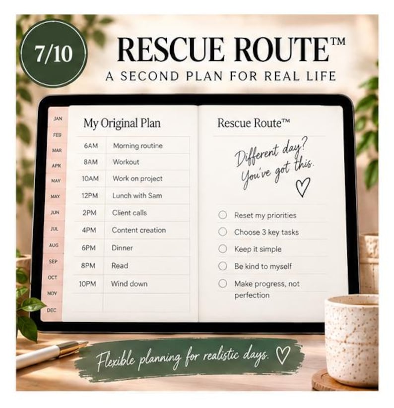 Rescue Route planning page showing a second-plan system for changing weeks, with Protect, Move and Reset steps designed to simplify priorities and reduce overwhelm.