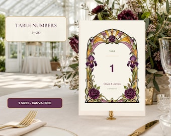 Wedding Table Numbers Template, Stained Glass Reception Cards, Editable Canva Compatible, Printable Table Signs