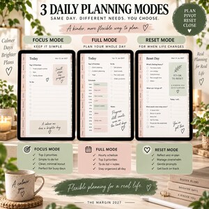 Three daily planning modes shown on tablet screens: Focus Mode for simple priorities, Full Mode for detailed scheduling and Reset Mode for days when plans change.
