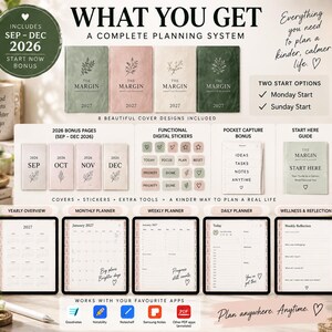Overview of the 2027 digital planner bundle showing Monday and Sunday start planners, September–December 2026 bonus pages, premium covers, digital stickers, Pocket Capture bonus and Start Here guide.