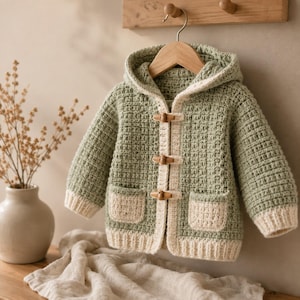May include: A sage green hooded cardigan with a textured crochet stitch pattern, featuring cream-coloured ribbed cuffs, a matching hem, and two front pockets. The garment is fastened with three light brown wooden toggle buttons down the centre front.