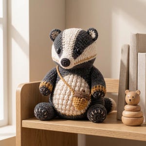 May include: A crocheted badger soft toy made from dark grey and cream yarn, featuring a white stripe on its head, black button eyes, and a small brown acorn-shaped bag worn across its body with a thin strap, sitting in a seated position.