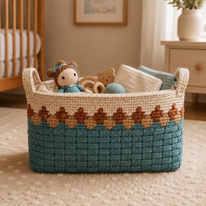 May include: A rectangular woven storage basket featuring a teal base with a basket-weave pattern, a middle band of brown and tan geometric shapes, and a cream-colored top rim with two side handles. The basket is filled with a crochet doll, wooden rings, a small bear figure, and folded fabric cloths.
