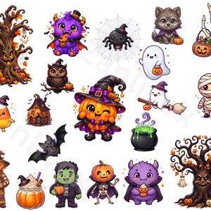 May include: A collection of Halloween-themed stickers featuring a spooky tree, a purple monster, a spider on a web, a wolf, a skeleton hand holding a pumpkin bucket, an owl, a pumpkin character, a ghost, a mummy, candy corn, a bat, and a cauldron.