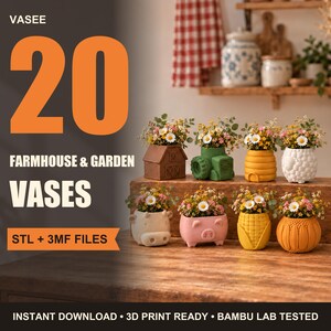 May include: A collection of eight small decorative vases featuring various shapes including a barn, tractor, beehive, sheep, cow, pig, corn, and pumpkin, each filled with small flowers. Text reads VASEE 20 FARMHOUSE & GARDEN VASES STL + 3MF FILES.