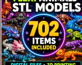 May include: A collection of articulated animal figures including a red dragon, black cat, blue dragon, pink axolotl, green turtle, and orange fox. The text reads FLEXI ANIMALS STL MODELS, 702 ITEMS INCLUDED, and DIGITAL FILES 3D PRINTING.
