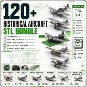 Könnte beinhalten: Ein digitales Paket mit über 120 historischen Flugzeug-STL-Dateien für den 3D-Druck. Die Grafik zeigt verschiedene graue Modellflugzeuge, technische Blaupausen mit Maßen in Metern sowie Symbole für die Kompatibilität mit FDM-, SLA- und Harzdruckern.