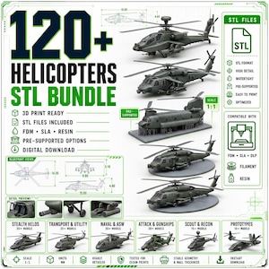 Pacote com mais de 120 arquivos STL de helicópteros, incluindo modelos de helicópteros militares para impressão 3D, aeronaves de ataque, transporte e reconhecimento para impressão FDM e SLA.