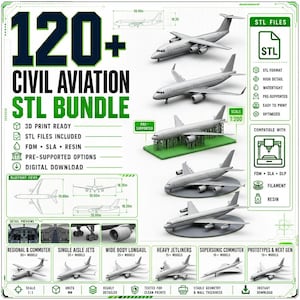 Paquete de más de 120 archivos STL de aviación civil, archivos de impresión 3D de aviones de pasajeros, modelos de aviones comerciales, aviones regionales, aviones de fuselaje ancho, descarga en formato STL y OBJ.