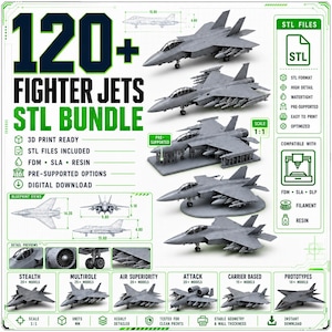 Puede incluir: Un paquete digital de más de 120 archivos STL de aviones de combate para impresión 3D. La imagen muestra varios modelos de aviones de combate grises, vistas técnicas con medidas e iconos que indican la compatibilidad con impresoras FDM, SLA y de resina.