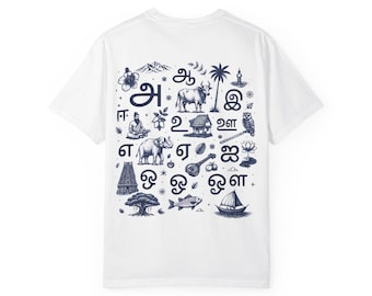 Tamil Alphabet Illustration T-Shirt | Südindien Icons, Blaue Fliesenkunst