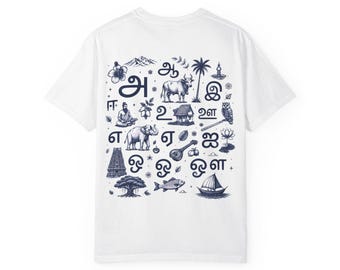 Tamil Alphabet Illustration T-shirt | South India Icons, Blue Tile Art
