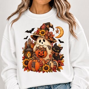 Primitive Patchwork Ghost Halloween Shirt Design | Black Cat, Pumpkins (Digital Download)