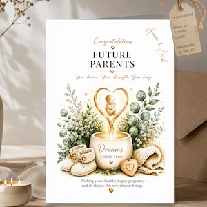 May include: A white greeting card for future parents featuring the text Congratulations FUTURE PARENTS, Your dream. Your strength. Your baby., Dreams Come True, and Wishing you a healthy, happy pregnancy. It shows a baby illustration, booties, and greenery.