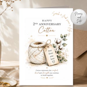 Karte zum 2. Hochzeitstag, personalisiertes Geschenk zum Baumwollhochzeitstag für Paare, große personalisierte Grußkarte