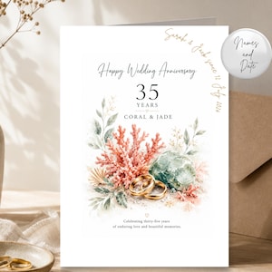 35th Anniversary Card | Coral Jade Watercolour Design, Personalised Keepsake (A5)