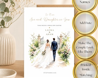 Personalisierte Hochzeitskarte für Sohn und Schwiegertochter, Neuer Lebensabschnitt, Individuelle Paarillustration