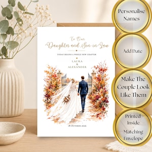 Op de afbeelding: Een huwelijksfelicitatiekaart met een illustratie van een koppel dat door een ijzeren hek loopt, omringd door herfstbladeren. De tekst luidt: To Our Daughter and Son-in-Law, TODAY BEGINS A WHOLE NEW CHAPTER, LAURA & ALEXANDER, 18 OCTOBER 2026.