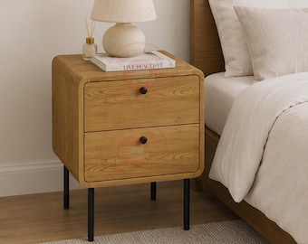 Modern Oak Bedside Table with 2 Drawers, Nightstand, Bedroom Storage Side Cabinet