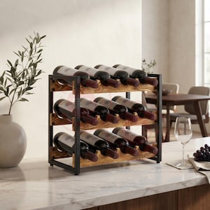 May include: A three-tier wine rack constructed with a black metal frame and natural wood shelves. The rack holds twelve wine bottles arranged in rows, with each bottle positioned horizontally. The structure features a rectangular design.