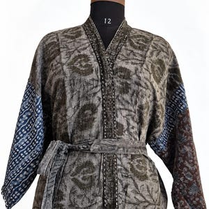 Kimono vintage in cotone indaco / Vestaglia con stampa a blocchi Kantha realizzata a mano