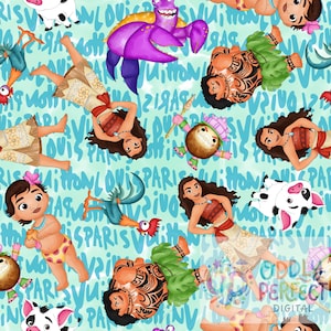 May include: A seamless pattern featuring cartoon characters from Moana, including Moana, Maui, Pua the pig, Hei Hei the rooster, and Kakamora, set against a light blue background with repeating text that reads Paris Vuitton in a script font.