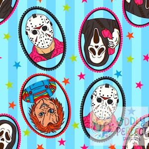 May include: A repeating pattern on a light blue background with vertical stripes and colourful stars. The design features oval frames containing illustrations of horror movie characters, including a hockey mask, a ghost mask, and a doll.
