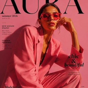 Peut inclure: Une couverture de magazine intitulée AURA, été 2026, numéro 05. La couverture présente une personne portant un blazer rose vif et un pantalon assorti, avec des lunettes de soleil teintées de rose translucide. Le fond est rose vif uni.