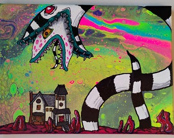 Beetlejuice Sandworm – Original Black Light Reactive Drip Painting (12" x 9")