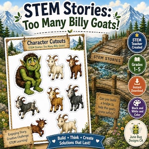 May include: A STEM Stories: Too Many Billy Goats educational activity sheet featuring character cutouts of a green troll and six goats in various colours. The page includes text, a bridge illustration, and circular badges for grades 1-5.