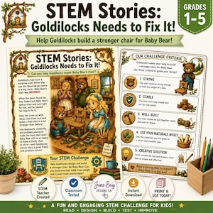 May include: A STEM Stories educational activity sheet titled Goldilocks Needs to Fix It for grades 1-5. The page features a story about Goldilocks and three bears, a challenge criteria list, and illustrations of the characters building a chair.