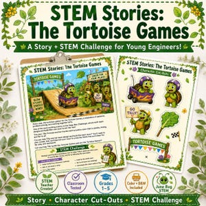 Pode incluir: Um conjunto de atividades educativas STEM intitulado STEM Stories: The Tortoise Games, apresentando uma página de história com uma tartaruga num carro de corrida, recortes de personagens e texto instrutivo para os anos 1 a 5.
