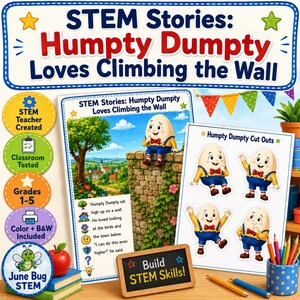 Puede incluir: Un conjunto de actividades educativas STEM Stories con Humpty Dumpty, que incluye una hoja de historia ilustrada, una hoja de recortes con cuatro figuras, una pequeña pizarra con el texto Build STEM Skills y cinco insignias circulares.