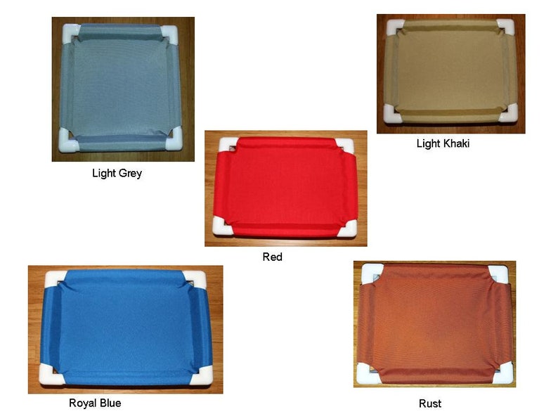 May include: Five different color options for a dog bed frame. The frame is made of white plastic and has a fabric insert. The colors are light grey, light khaki, red, royal blue, and rust.